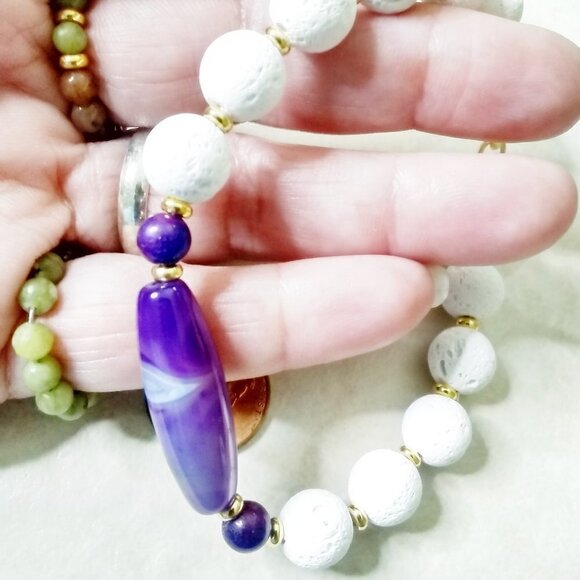 Purple Banded Agate + White Lava Rock - Chunky Bracelet for Larger Wrists 8" - Picture 5 of 9